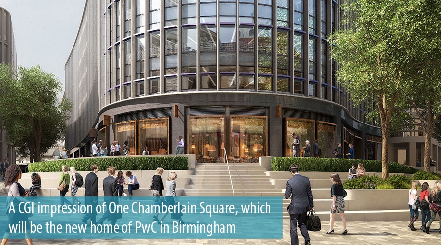 A CGI impression of One Chamberlain Square, which will be the new home of PwC in Birmingham A CGI impression of One Chamberlain Square, which will be the new home of PwC in Birmingham