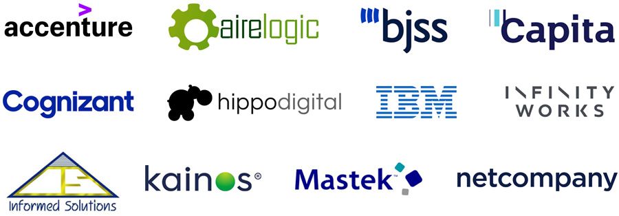 Accenture, Aire Logic, BJSS, Capita, Cognizant, Hippo Digital, IBM, Infinity Works, Informed Solutions, Kainos Software, Mastek and Netcompany